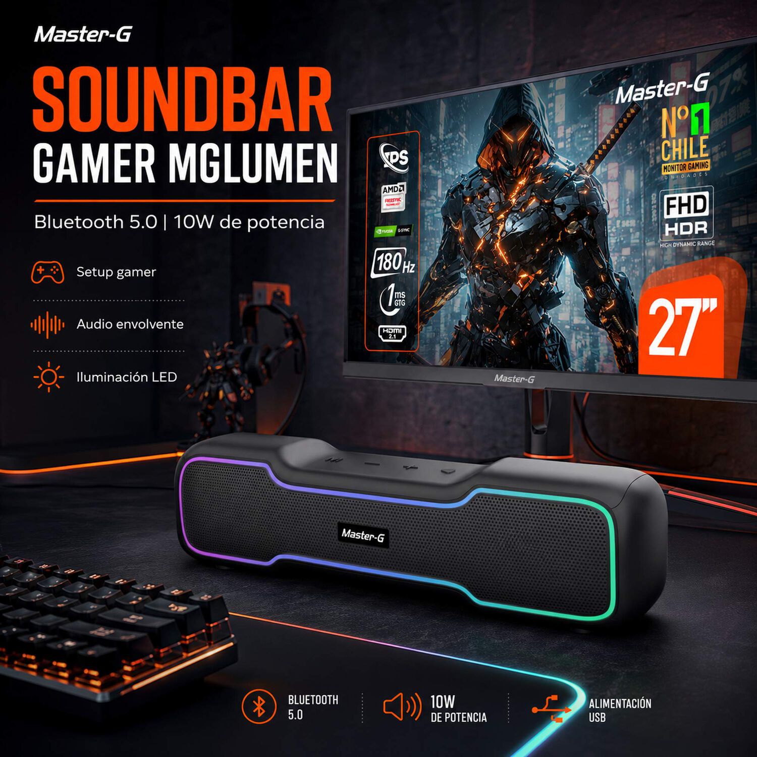 Soundbar Parlante Gamer Bluetooth Rgb 10w Mglumen Master-g image number 3.0