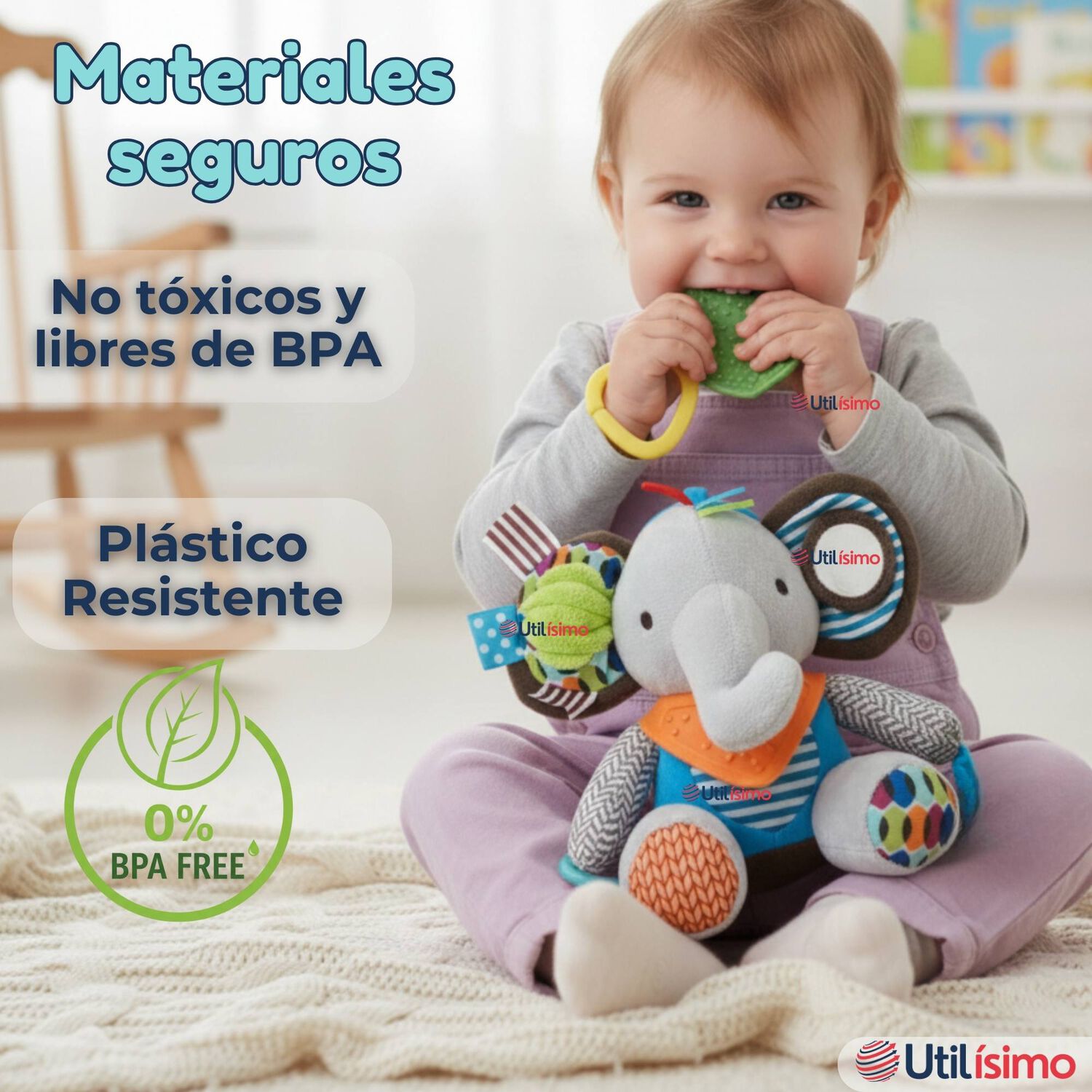 Juguete Peluche Animales Sensorial Con Mordedor Y Sonajero Dise&ntilde;o Elefante Ni&ntilde;a Y Ni&ntilde;o image number 4.0