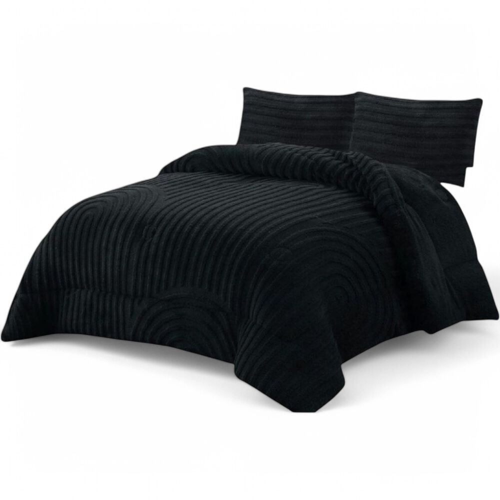 Cobertor De Invierno Con Chiporro De 2 Plazas + 2 Fundas De Almohada Plumon Texturizado Diseño Lineas Negro image number 0.0