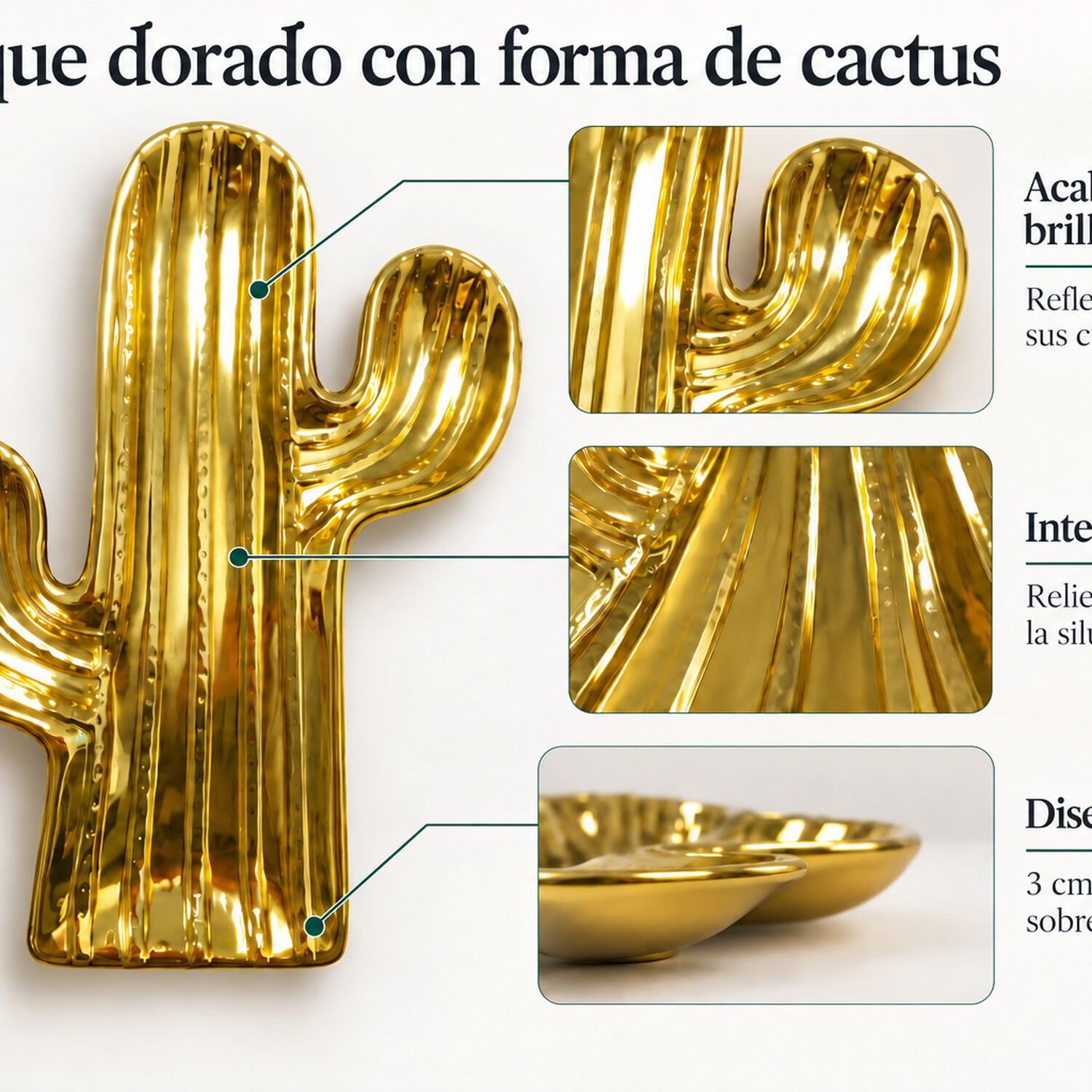 Bandeja Decorativa Cactus Dorada De Cer&aacute;mica Con Acabado Brillante image number 3.0