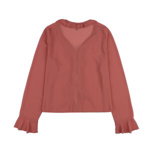 Blusa Lisa Con Aplicaci&oacute;n Y Vuelo En Escote Y Mangas Mujer Kimera