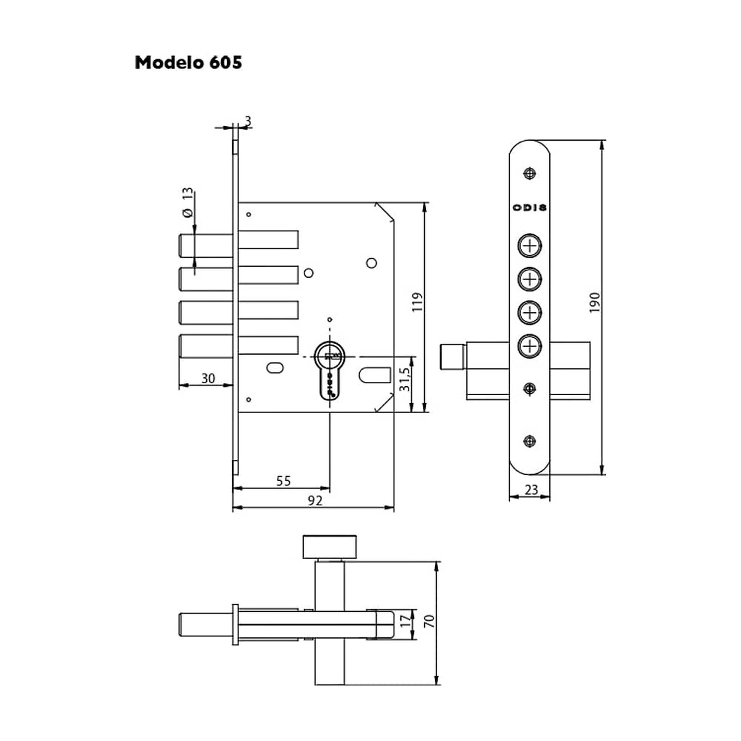 Cerrojo Embutir Odis 605 Llave-seguro - Negro image number 2.0