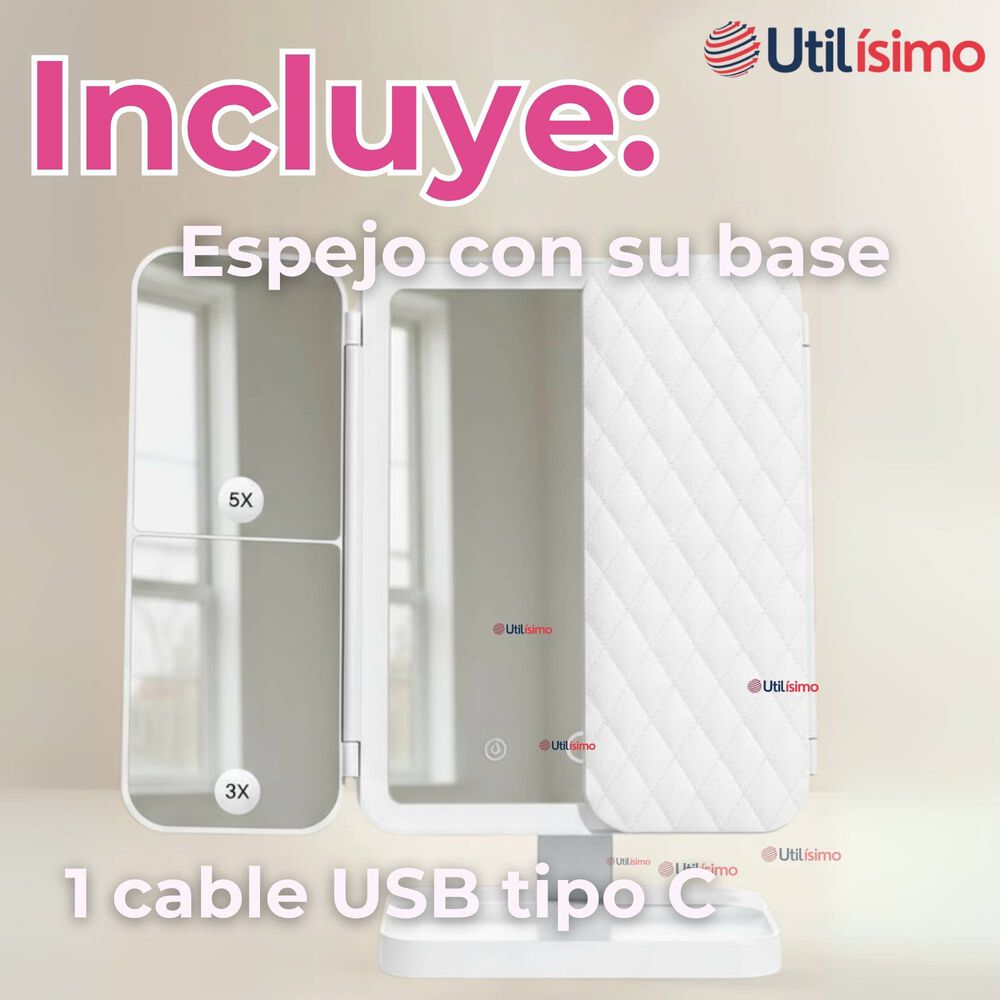 Espejo De Maquillaje Tri Plegable Con Luces Led Recargable image number 1.0