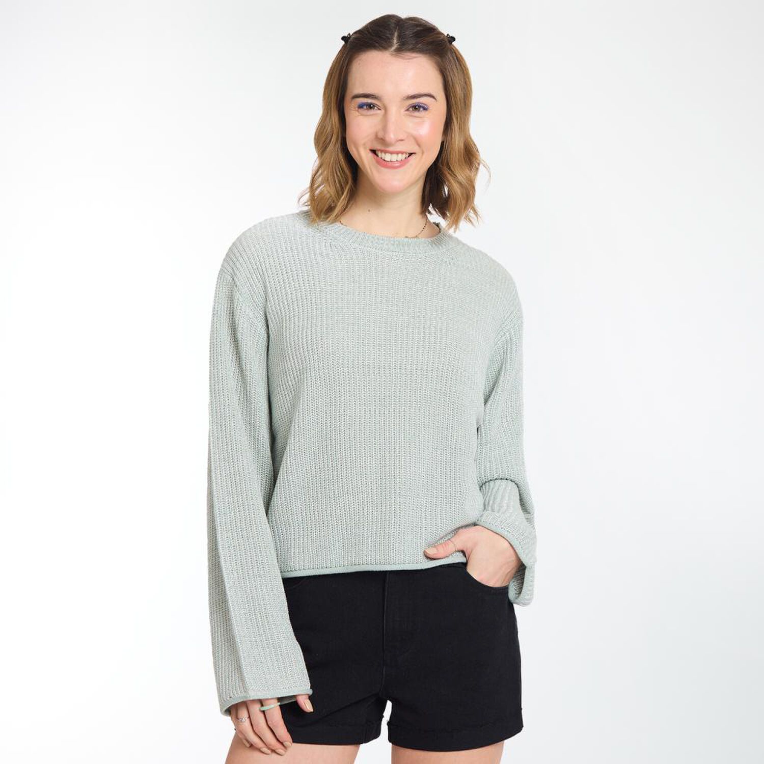 Sweater Crop Efecto Desgastado Manga Larga Cuello Redondo Mujer Freedom image number 0.0