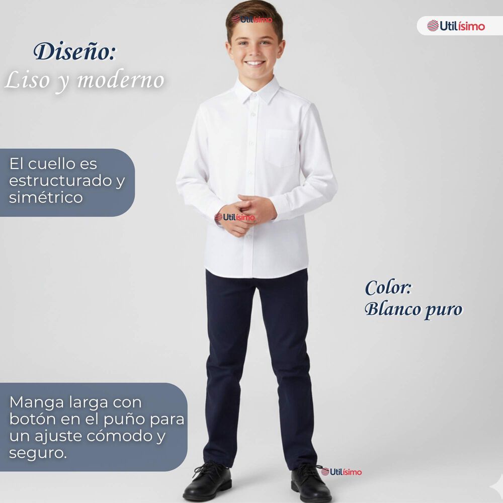 Pack 3 Camisas Escolares Blanca Manga Larga Colegio Para Ni&ntilde;os Y Juvenil image number 5.0