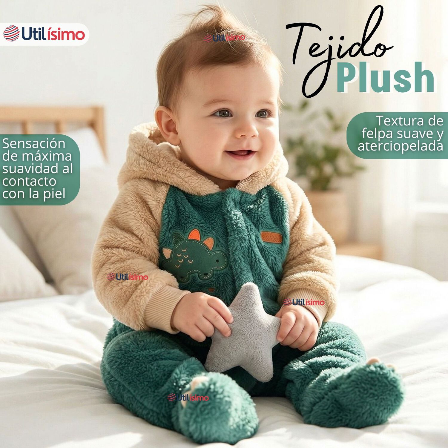 Enterito Con Capucha Tela Plush Verde Dinosaurio Beb&eacute; Ni&ntilde;o image number 3.0