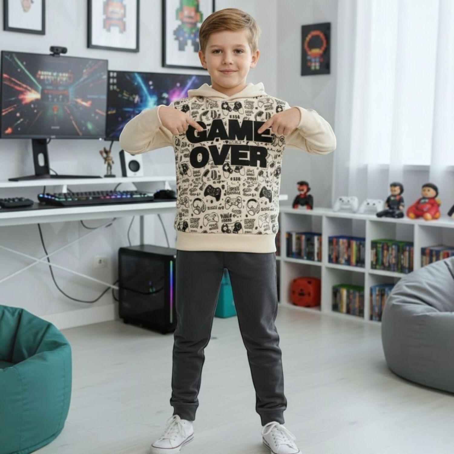 Buzo Ni&ntilde;o Franela Game Over Beige image number 3.0