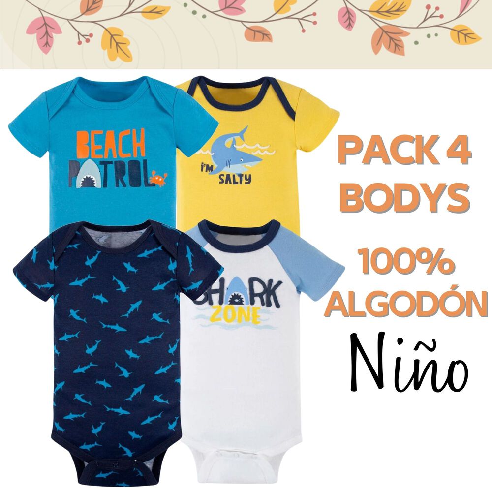 Pack 4 Bodys Ni&ntilde;o Manga Corta Tedmimak 100% Algod&oacute;n Tiburon Azul image number 4.0