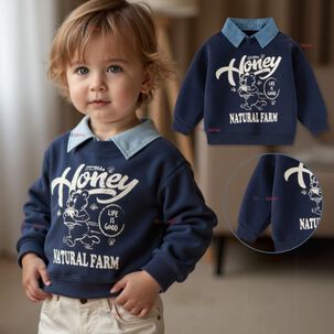 Polerón Estilo Pique Manga Larga Niño 100% Algodón Azul