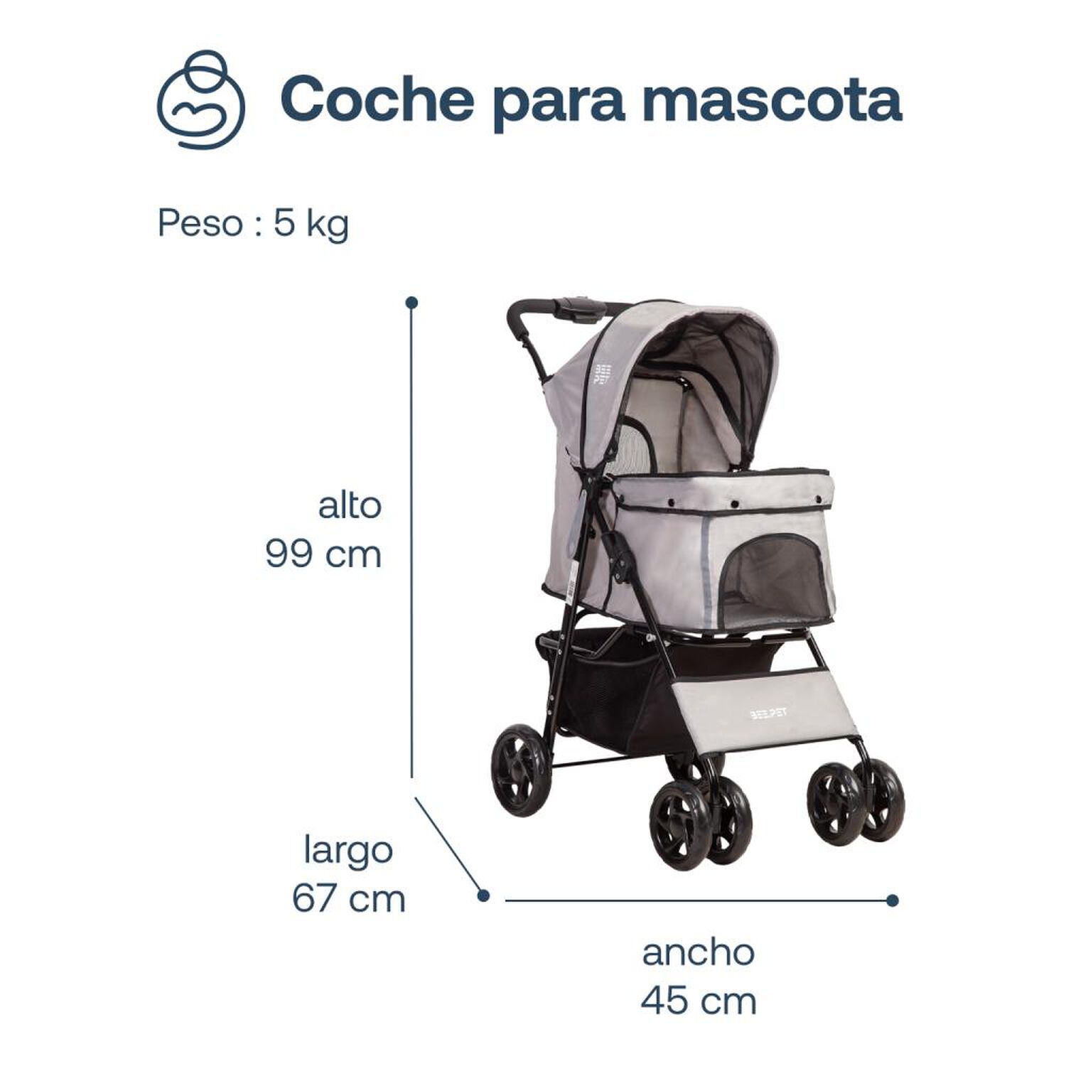 Coche Mascota Plegable Bebesit Pro Perro Gato Gris Beepet image number 3.0