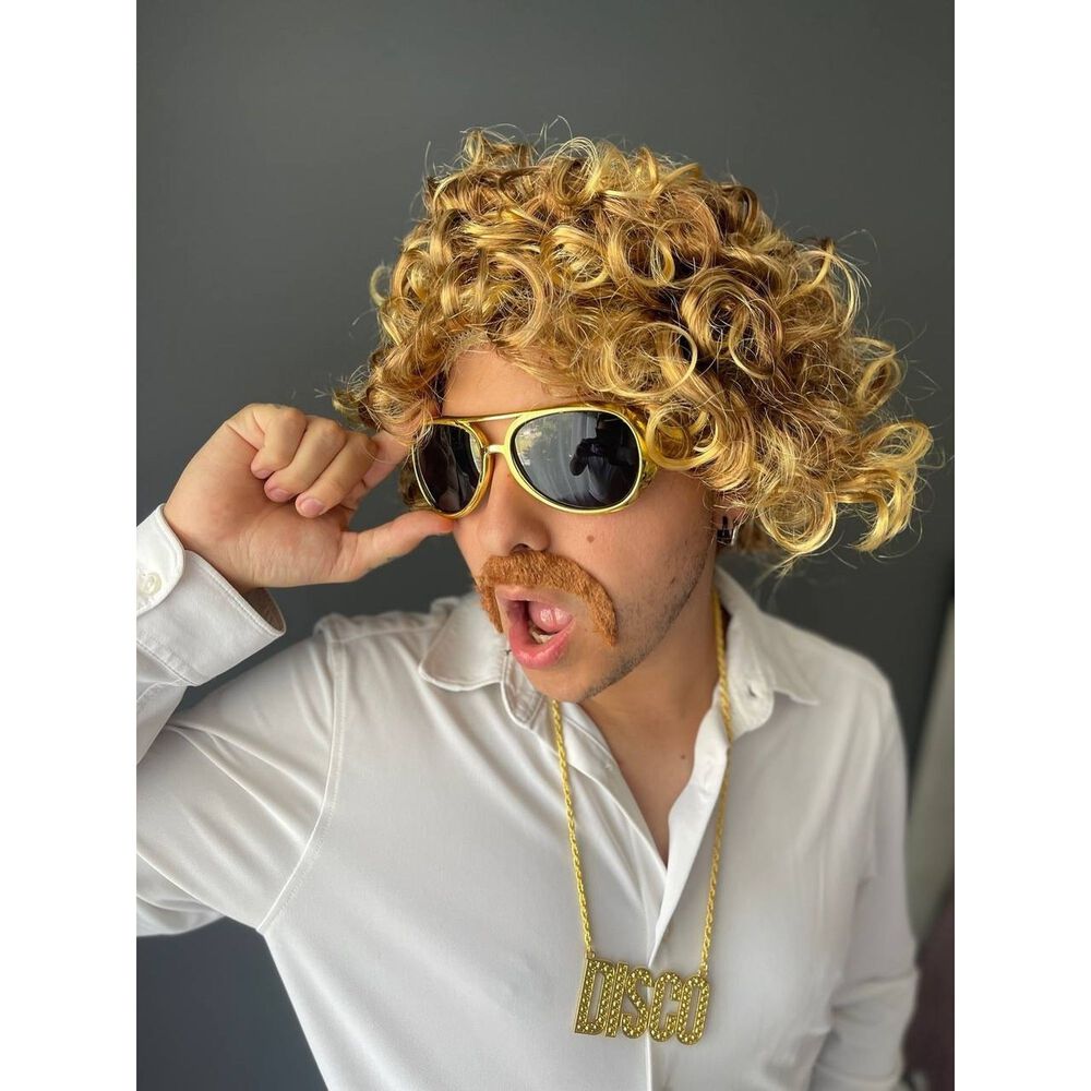 Set Disfraz Afro Retro Hombre A&ntilde;os 80 Onda Disco Pelo image number 11.0