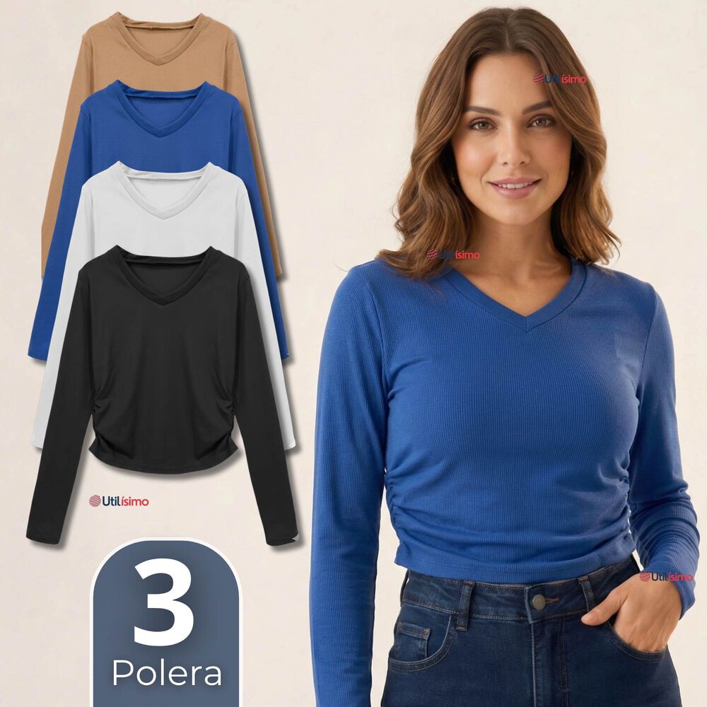 Pack 3 Camisetas Polar Polera Cuello V Mujer Manga Larga Tela Acanalada Colores Surtidos image number 0.0