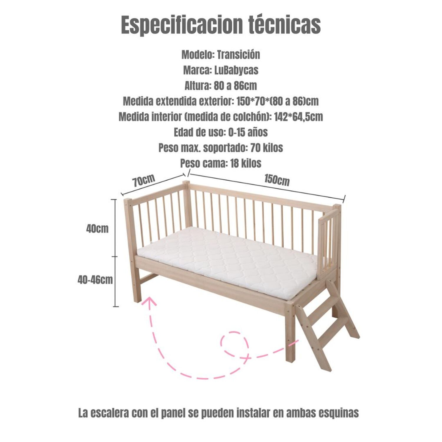 Cama Cuna Colecho Madera 150*70*86cm Con Colch&oacute;n Lubabycas image number 7.0