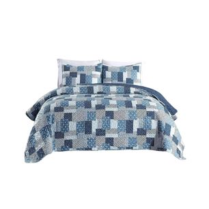 Cubrecama Quilt Reversible Queen 228x228 Cm M&aacute;s Fundas Almohada Azul Blanco