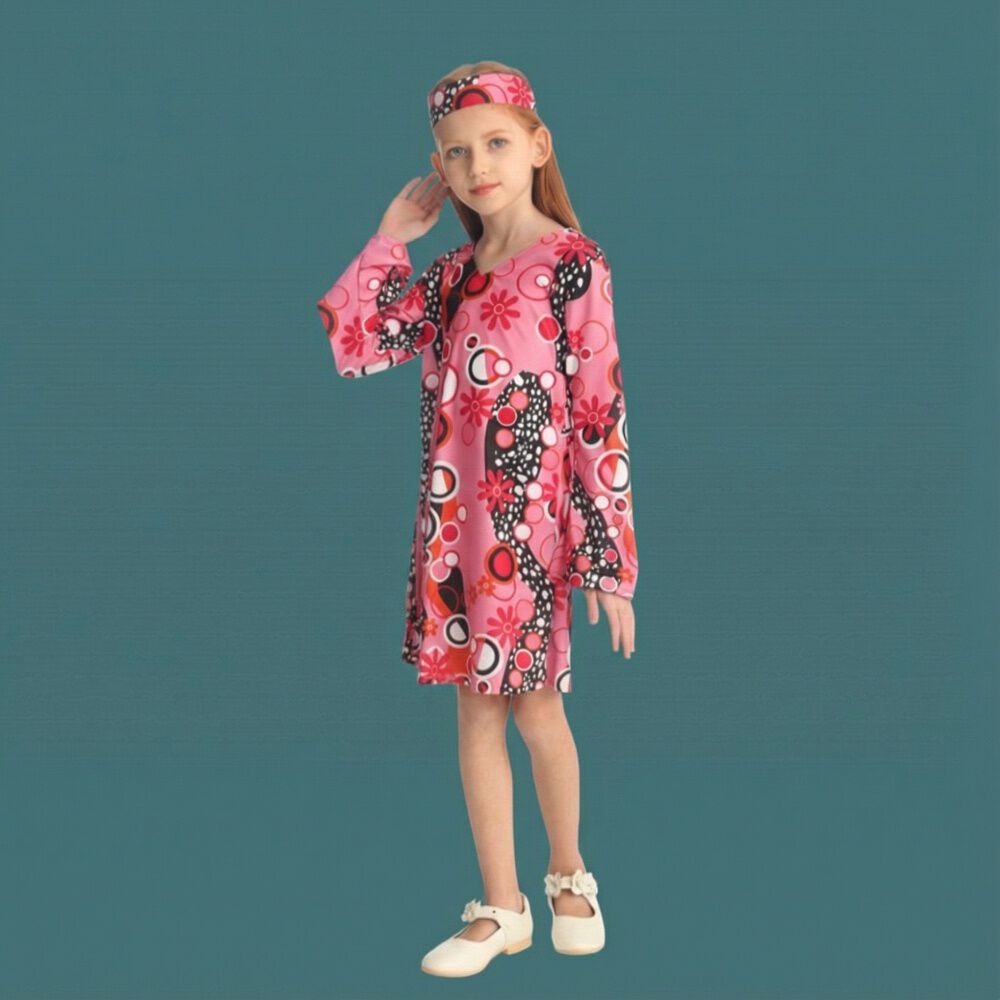Disfraz Hippie Ni&ntilde;a A&ntilde;os Sesenta Con Vestido Psicod&eacute;lico Para Carnaval, Halloween, Fiesta Tem&aacute;tica Y Teatro image number 0.0