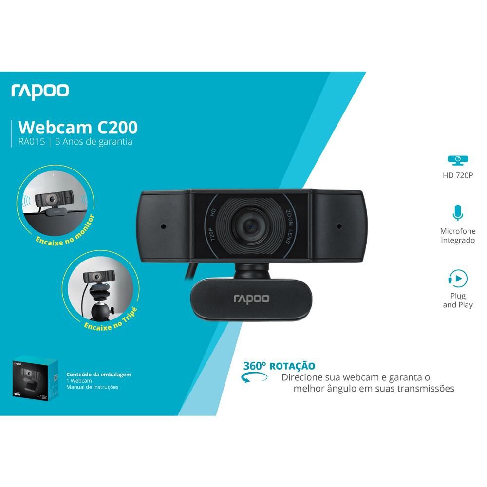Webcam Rapoo 720p Foco Automatico C200 Ra015 image number 6.0