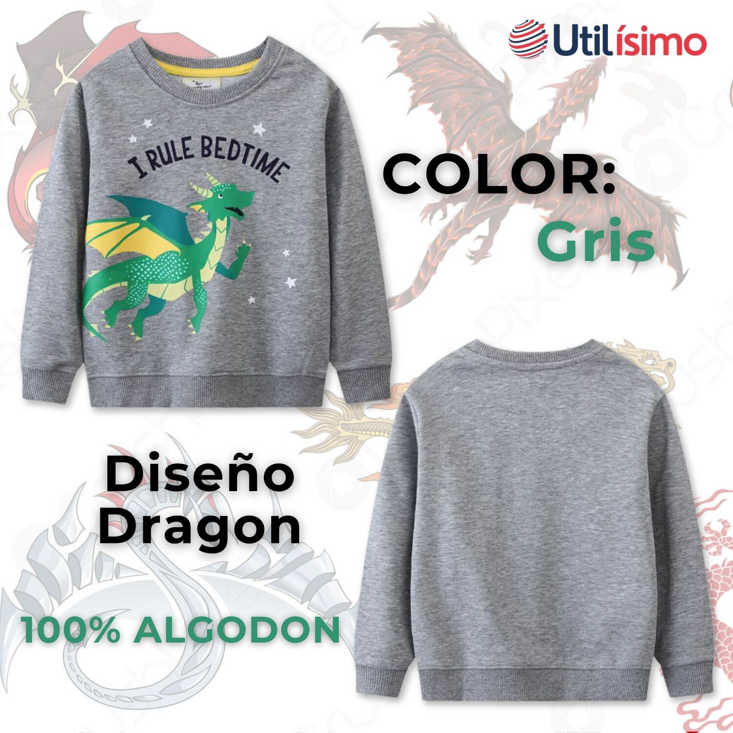 Poler&oacute;n Ni&ntilde;o Manga Larga 100% Algod&oacute;n Gris Dragon image number 1.0