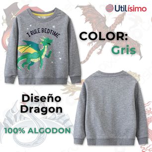 Poler&oacute;n Ni&ntilde;o Manga Larga 100% Algod&oacute;n Gris Dragon