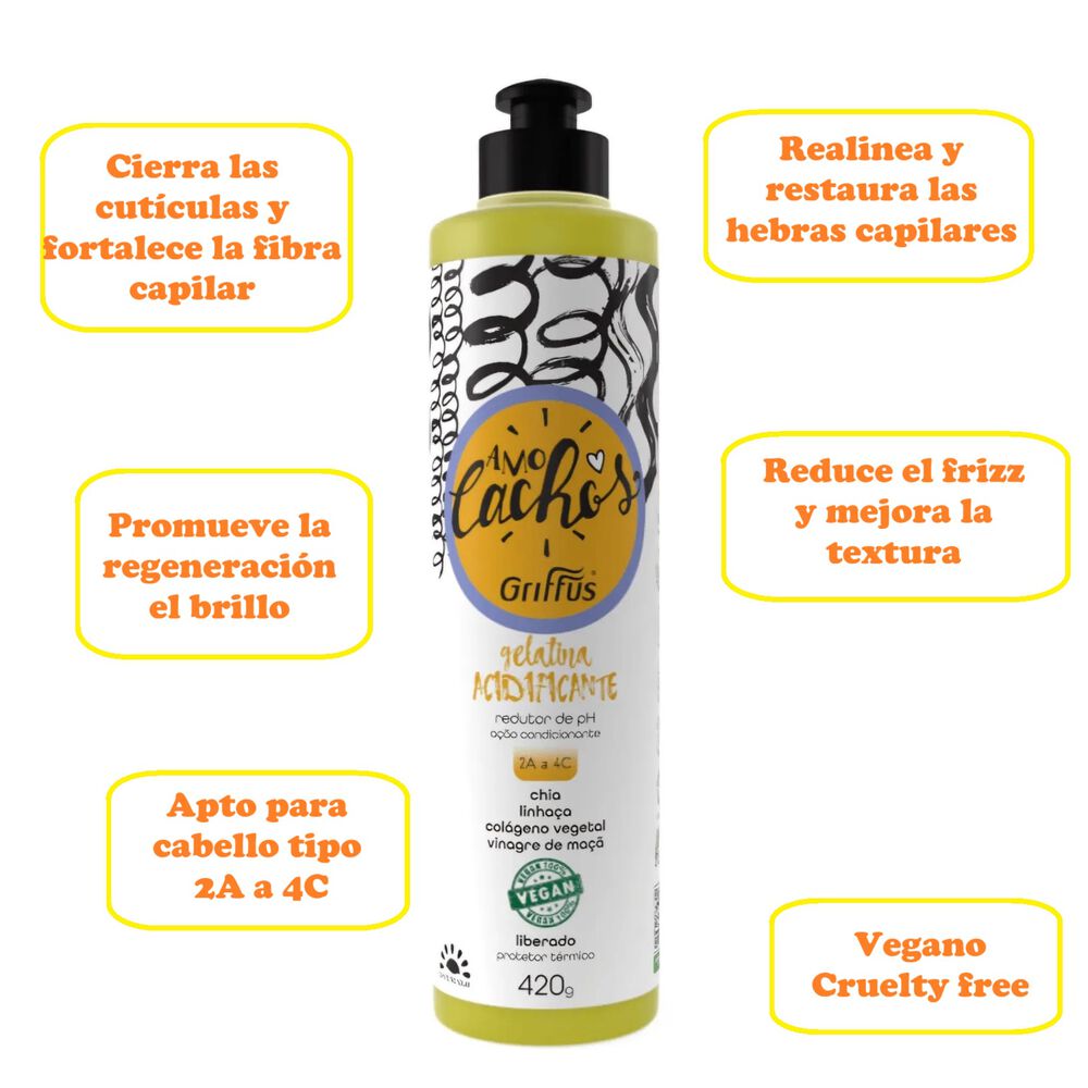 Gel Acidificante De Rizos Amo Cachos + Protector Termico 420g Griffus image number 2.0
