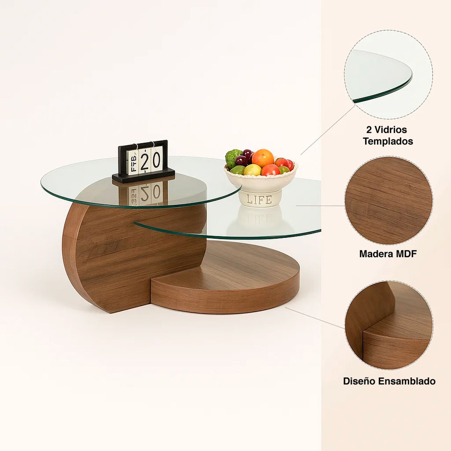 Mesa De Centro Duoglass Con Bases De Madera Y Superficie De Vidrio image number 4.0