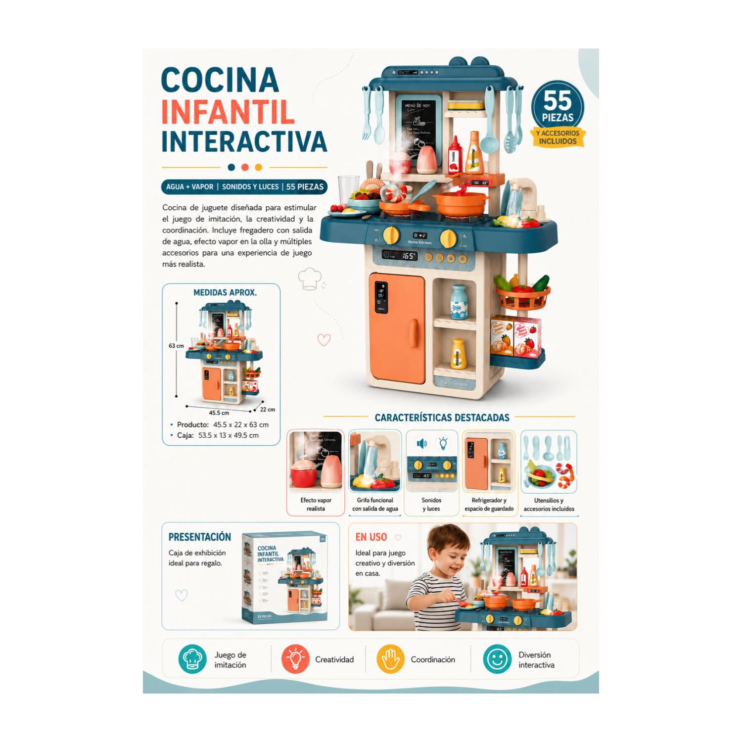 Juguete Cocina Interactiva 55pzas 63cm Agua Vapor Azul Infantil image number 4.0