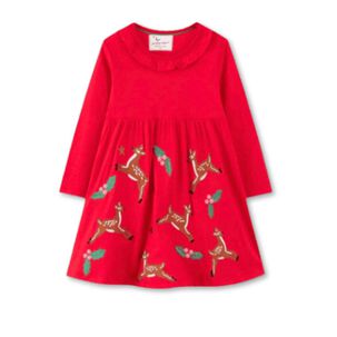Vestido De Algod&oacute;n Navidad Manga Larga Ni&ntilde;a 2 A 7 A&ntilde;os Ciervos Rojos