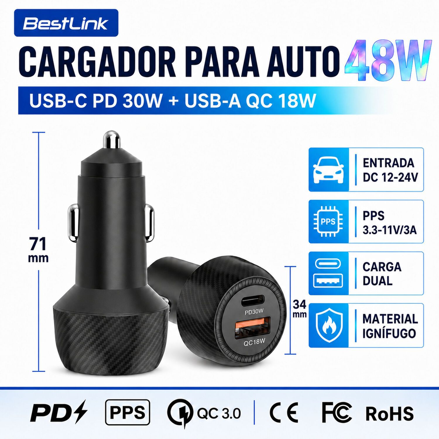 Cargador Para Auto Dual 48w Usb-c + Usb-a Carga Ultra R&aacute;pida image number 4.0