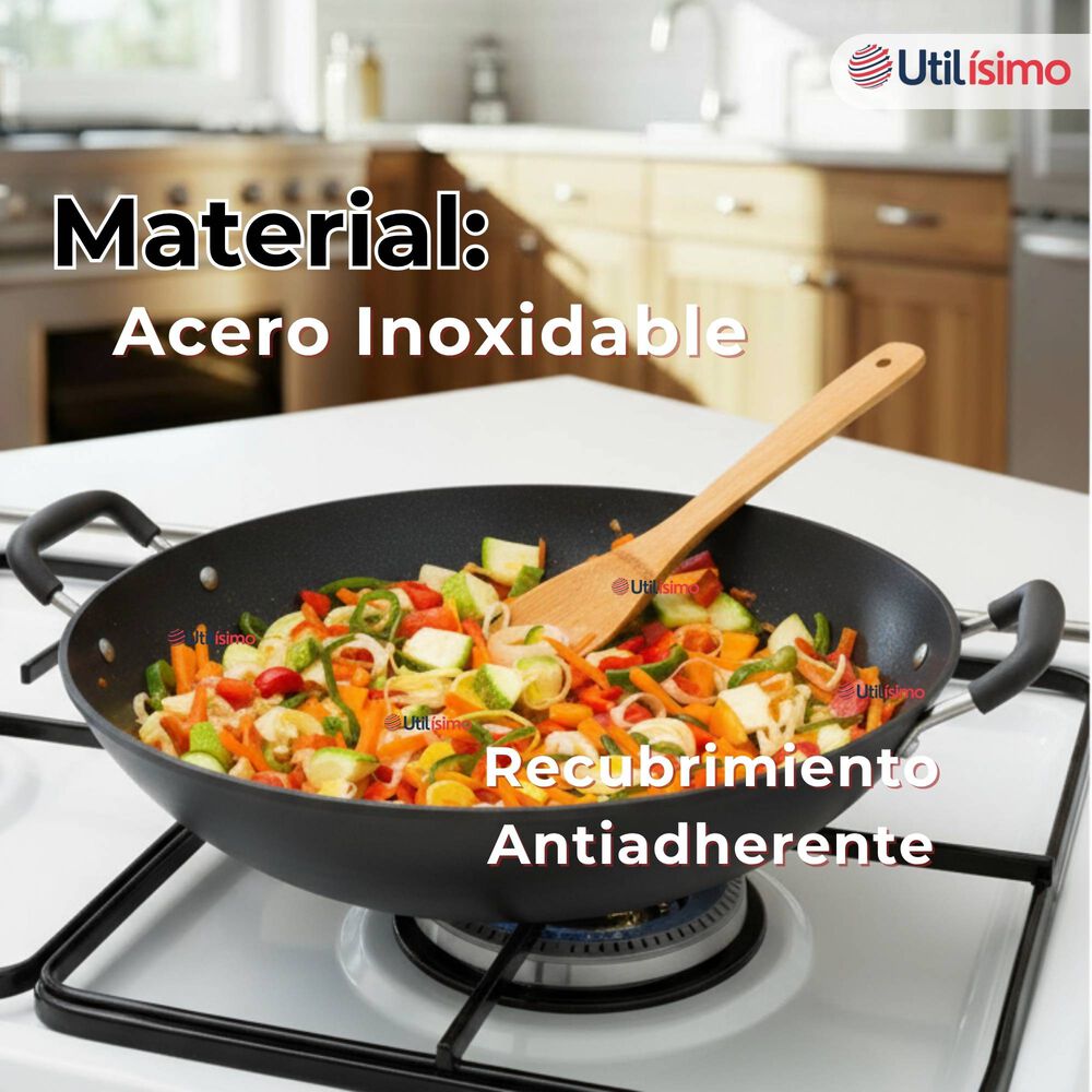 Wok Chino Acero Inoxidable Antiadherente 34cm+ Cuchara De Madera De Bambú image number 3.0