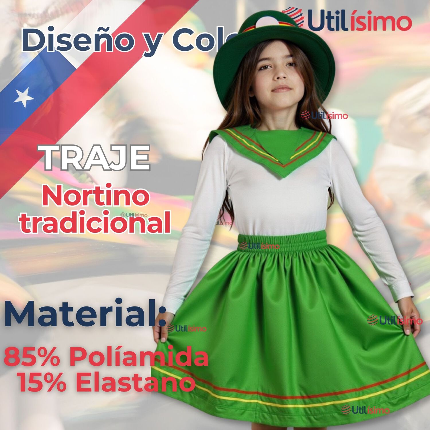 Traje Nortino Con Polera Fiestas Patrias Baile Nortino Verde image number 3.0
