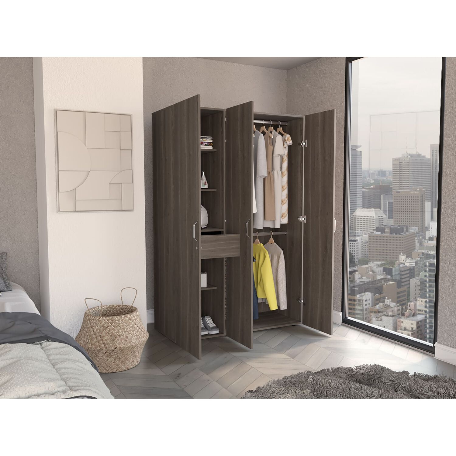 Closet 3 Puertas Con Colgador 181,9x120x47,3 Cm Caf&eacute; Y Blanco image number 5.0