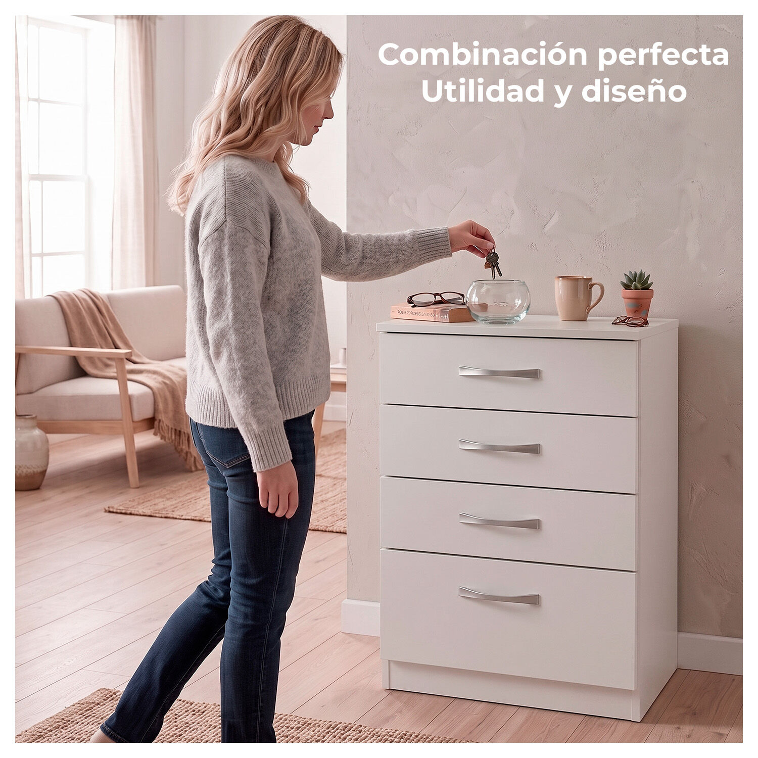 C&oacute;moda Blanca 4 Cajones Mueble Organizador Dormitorio image number 3.0