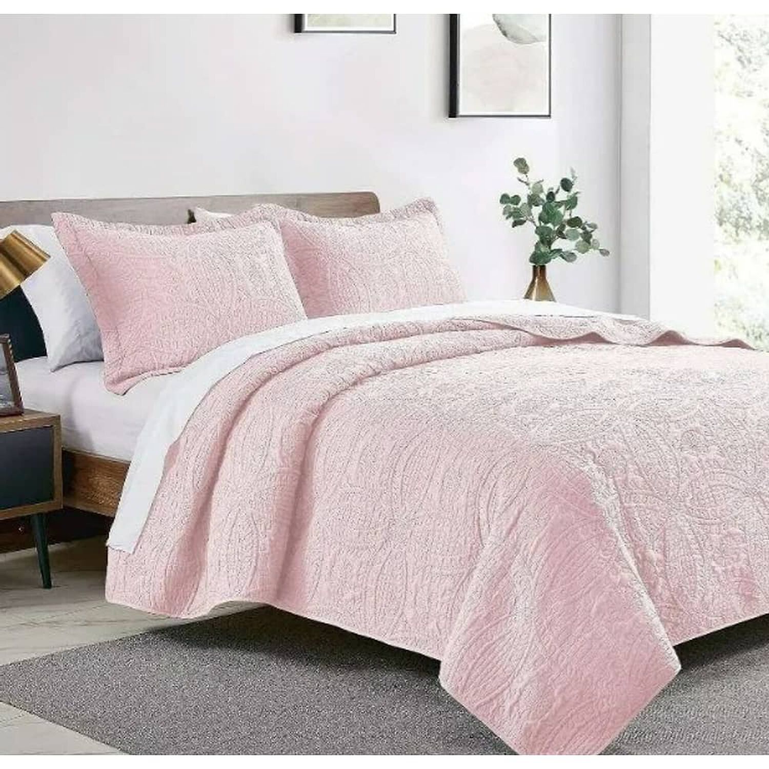Cubrecama Quilt Reversible 264x228cm King + 2 Funda Almohada Rosa Blanco image number 0.0