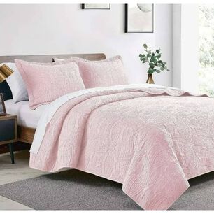 Cubrecama Quilt Reversible 264x228cm King + 2 Funda Almohada Rosa Blanco