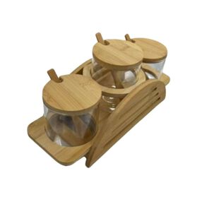 Set 3 Frascos Para Condimentos Vidrio Tapa Bambu Con Soporte