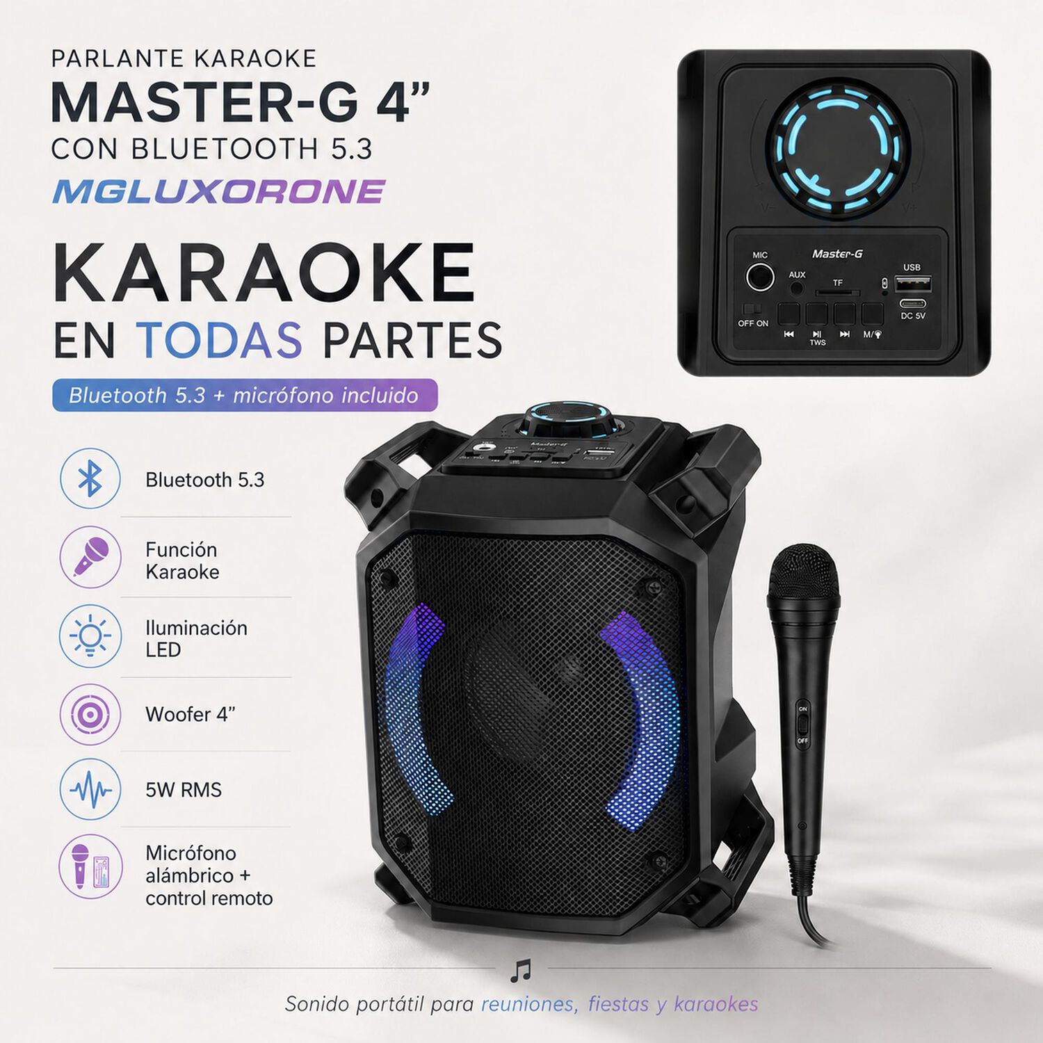 Parlante Bluetooth Karaoke Luxor One 4&rdquo; Micr&oacute;fono Master-g image number 6.0