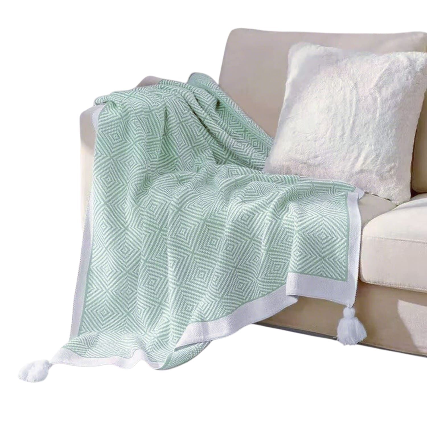 Manta Decorativa Dise&ntilde;o Rombos Medida 130x150cm Con Pompones Menta Mc1-6 image number 0.0