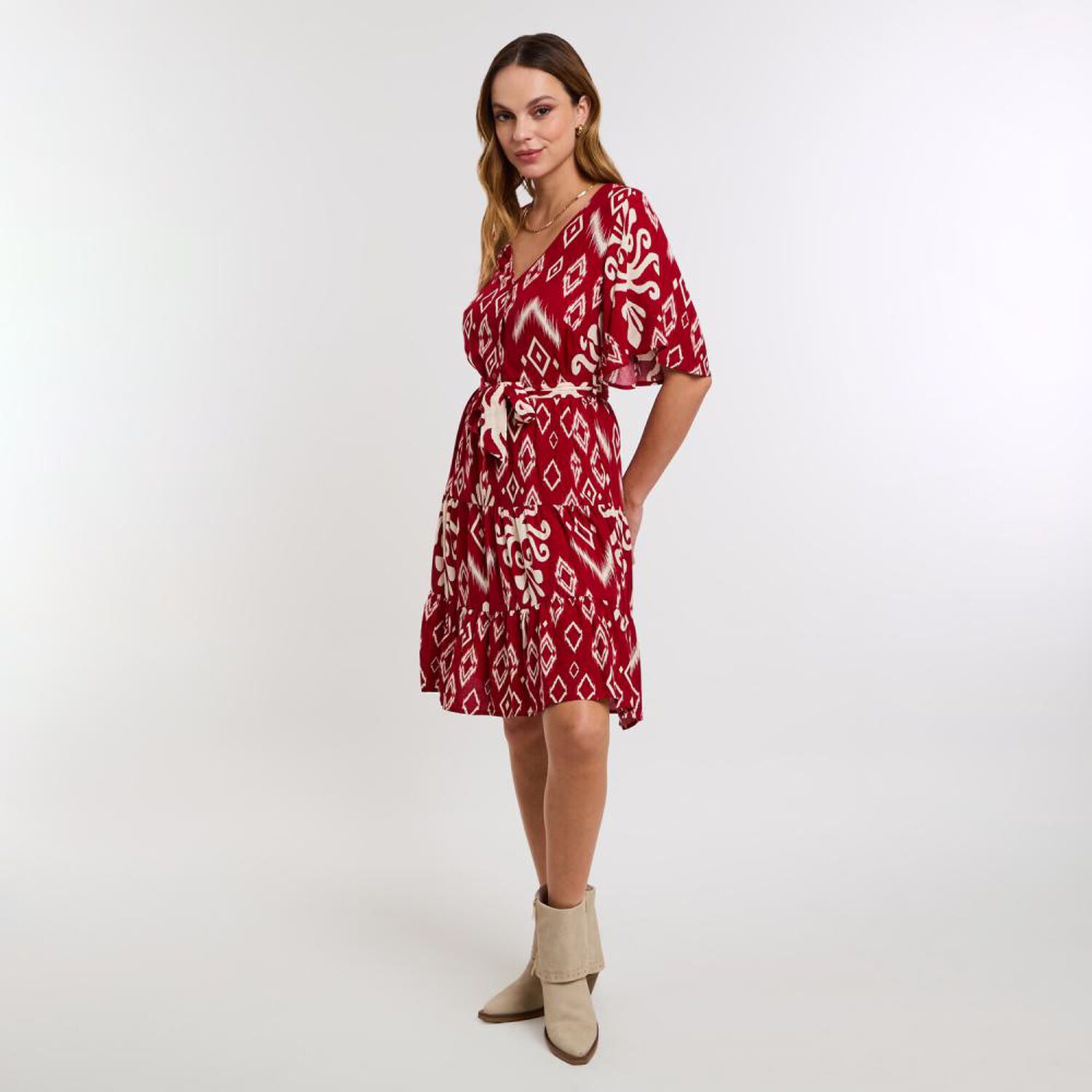 Vestido Full Print Maga Corta Con Vuelo Y Lazo En Cintura Mujer Kimera image number 2.0