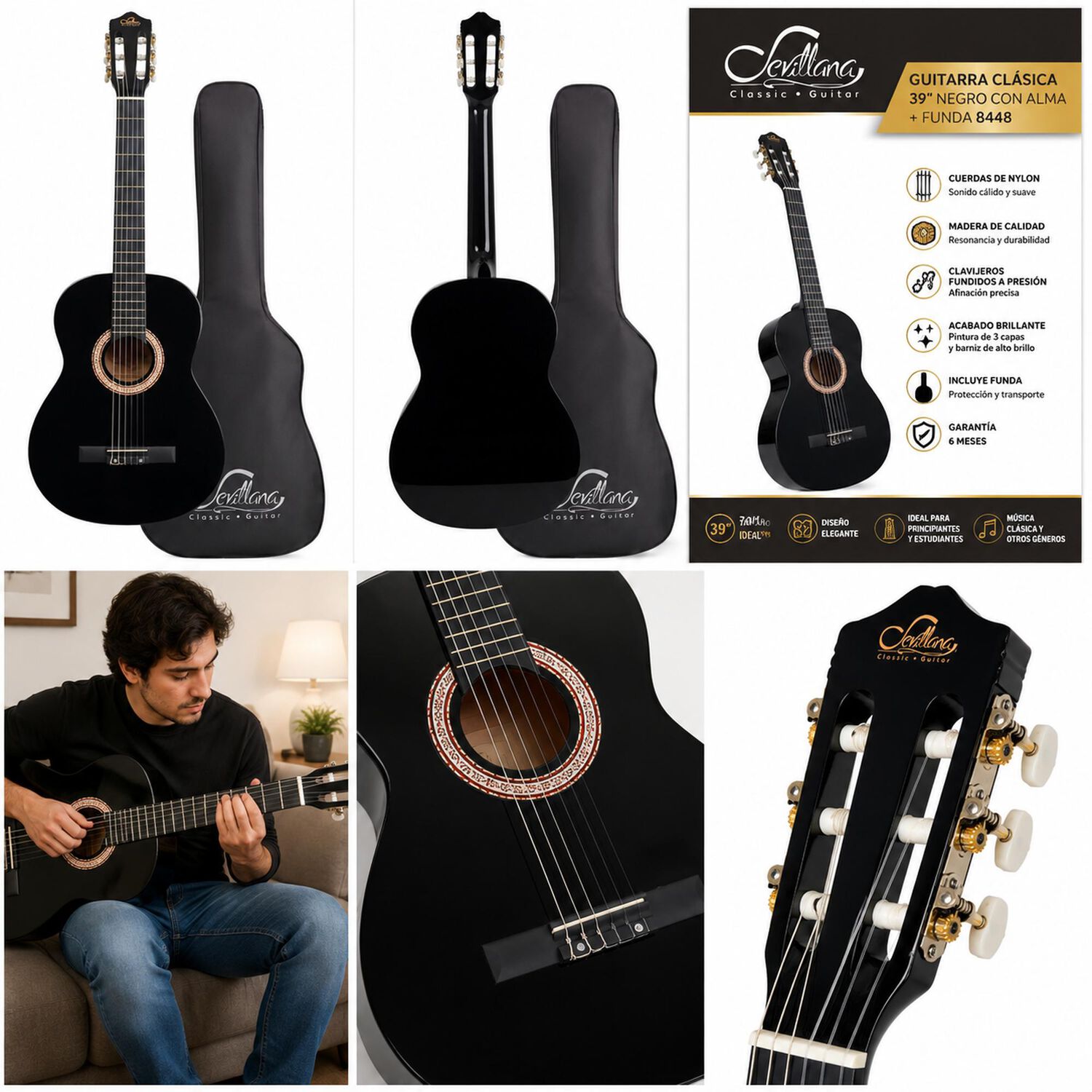 Guitarra Cl&aacute;sica Sevillana 39&rdquo; Negro Con Alma + Funda 8448 image number 8.0