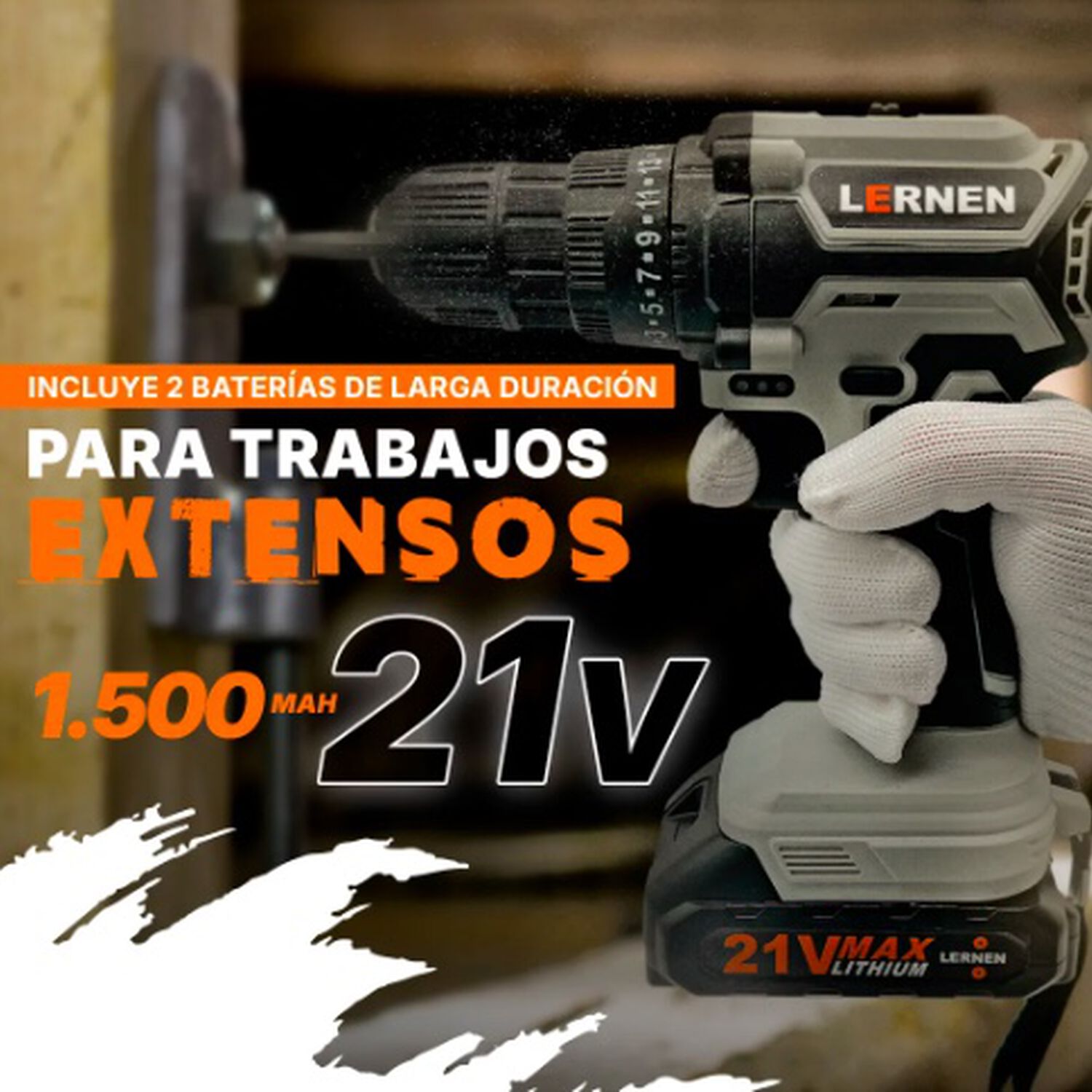 Kit Taladro Destornillador Inal&aacute;mbrico Lernen 21v + 2 Bater&iacute;as Color Gris image number 3.0