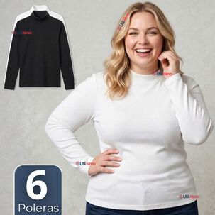 Pack 6 Camisetas Poleras Bamb&uacute; Primera Capa Cuello Beatle Manga Larga Blanco Negro Mujer