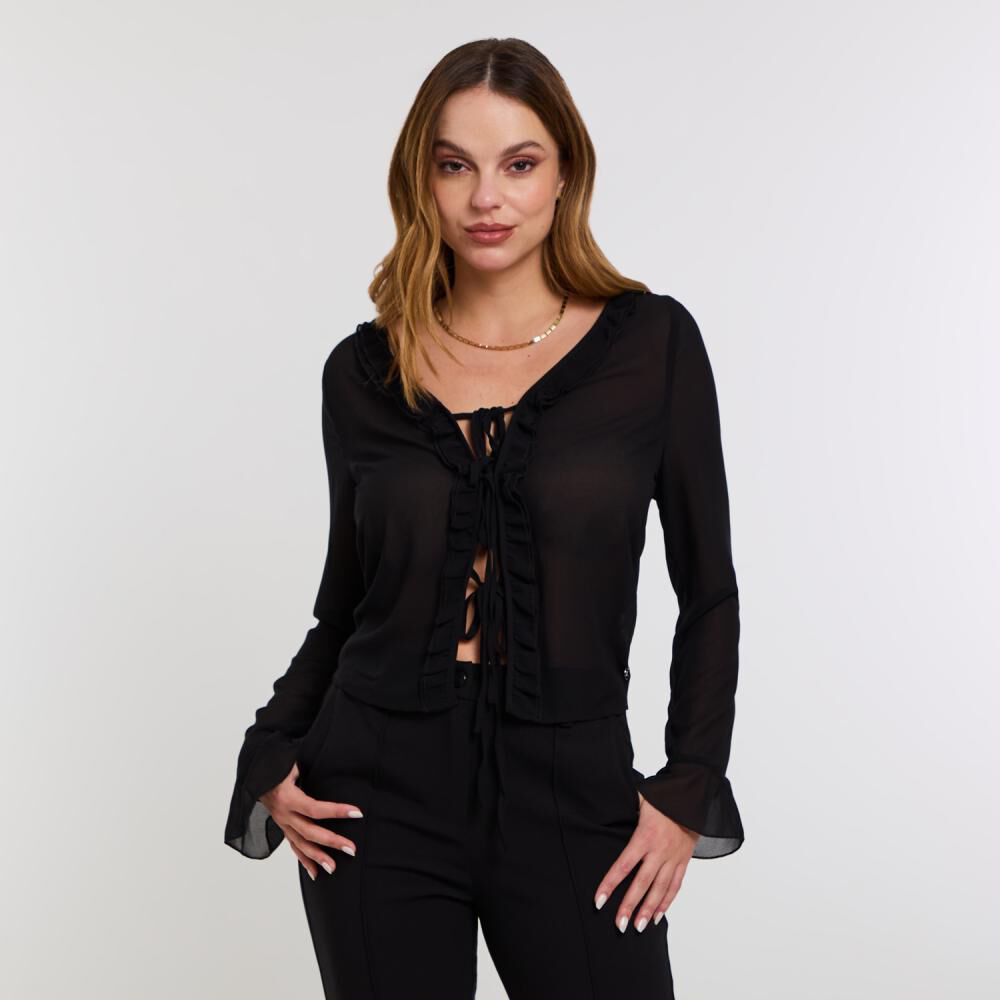 Blusa Lisa Con Aplicación Y Vuelo En Escote Y Mangas Mujer Kimera image number 0.0