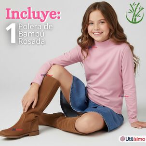 Polera Camiseta Bamb&uacute; Cuello Beatle Primera Capa Rosado Claro Manga Larga Ni&ntilde;a