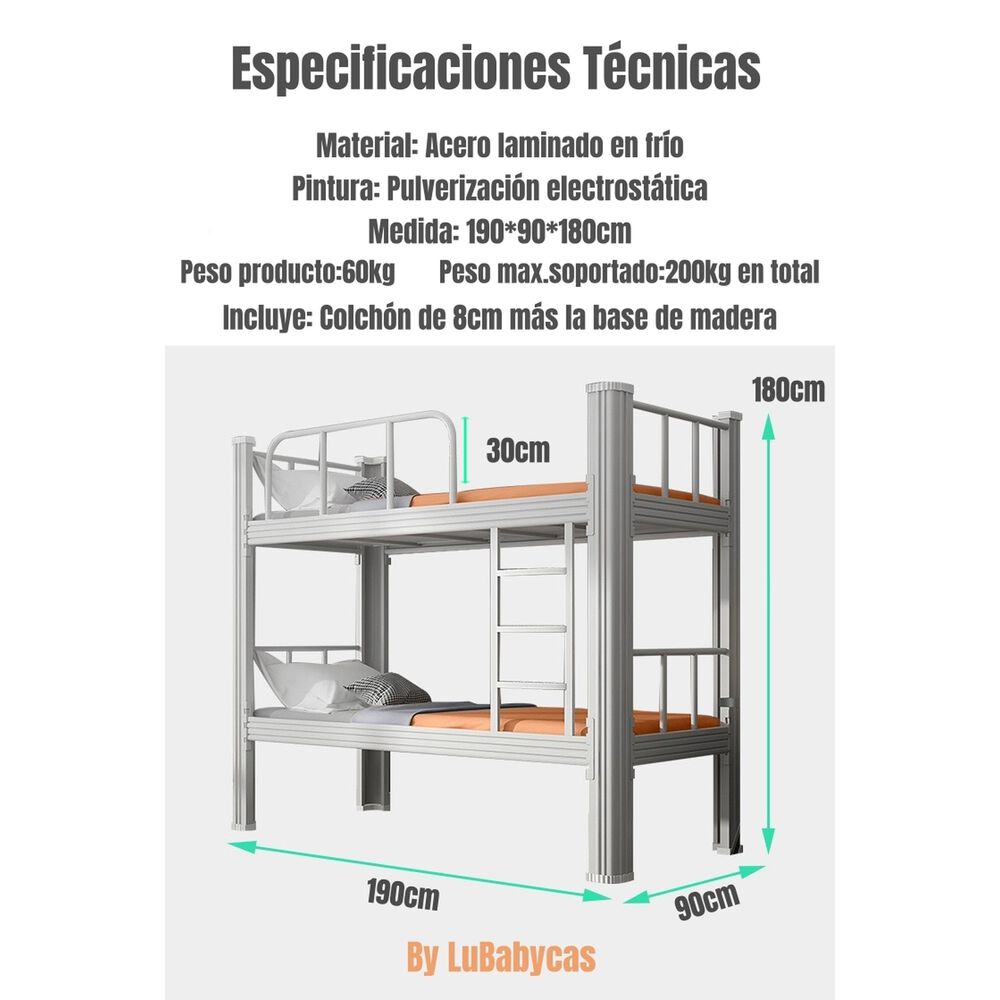 Camarote Met&aacute;lico 1 Plaza Con Colch&oacute;n 190x90x180cm By Lubabycas image number 7.0
