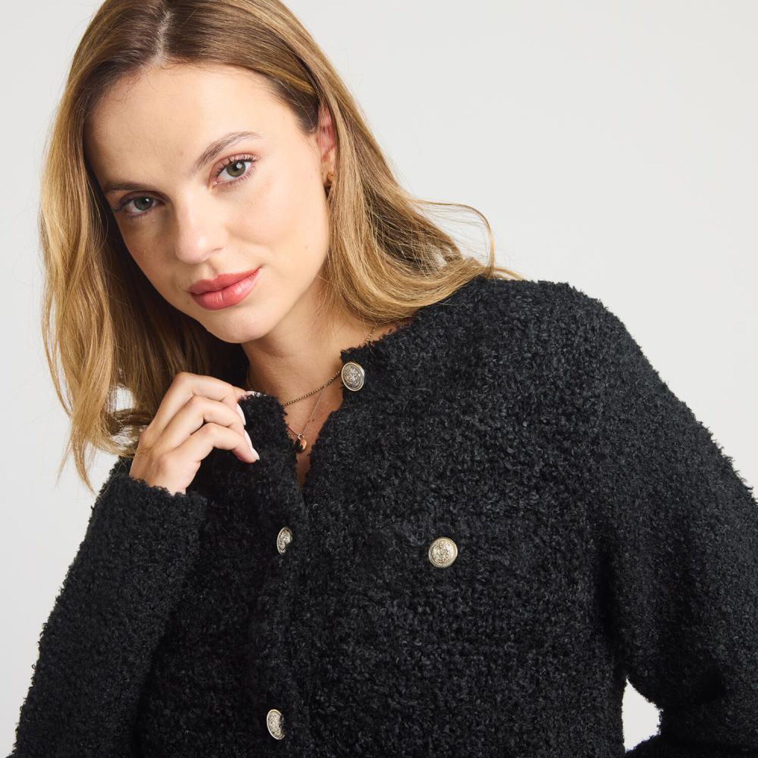 Sweater Cardigan Boucle Manga Larga Cuello Redondo Mujer Kimera image number 4.0