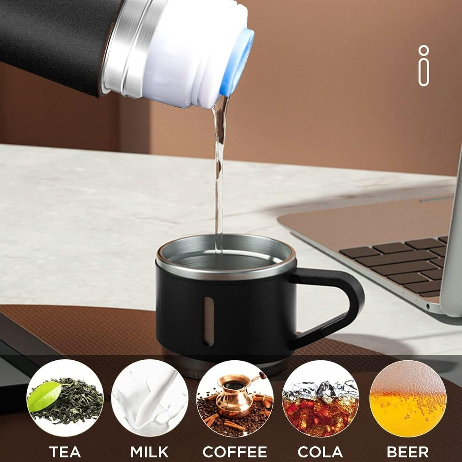 Termo Acero Inox 500ml 3 Tazas Aisladas Caliente Fr&iacute;o Negro image number 2.0
