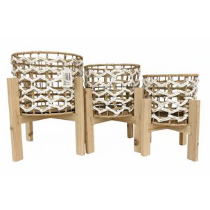 Set 3 Maceteros Artesanales Con Base De Madera Natural