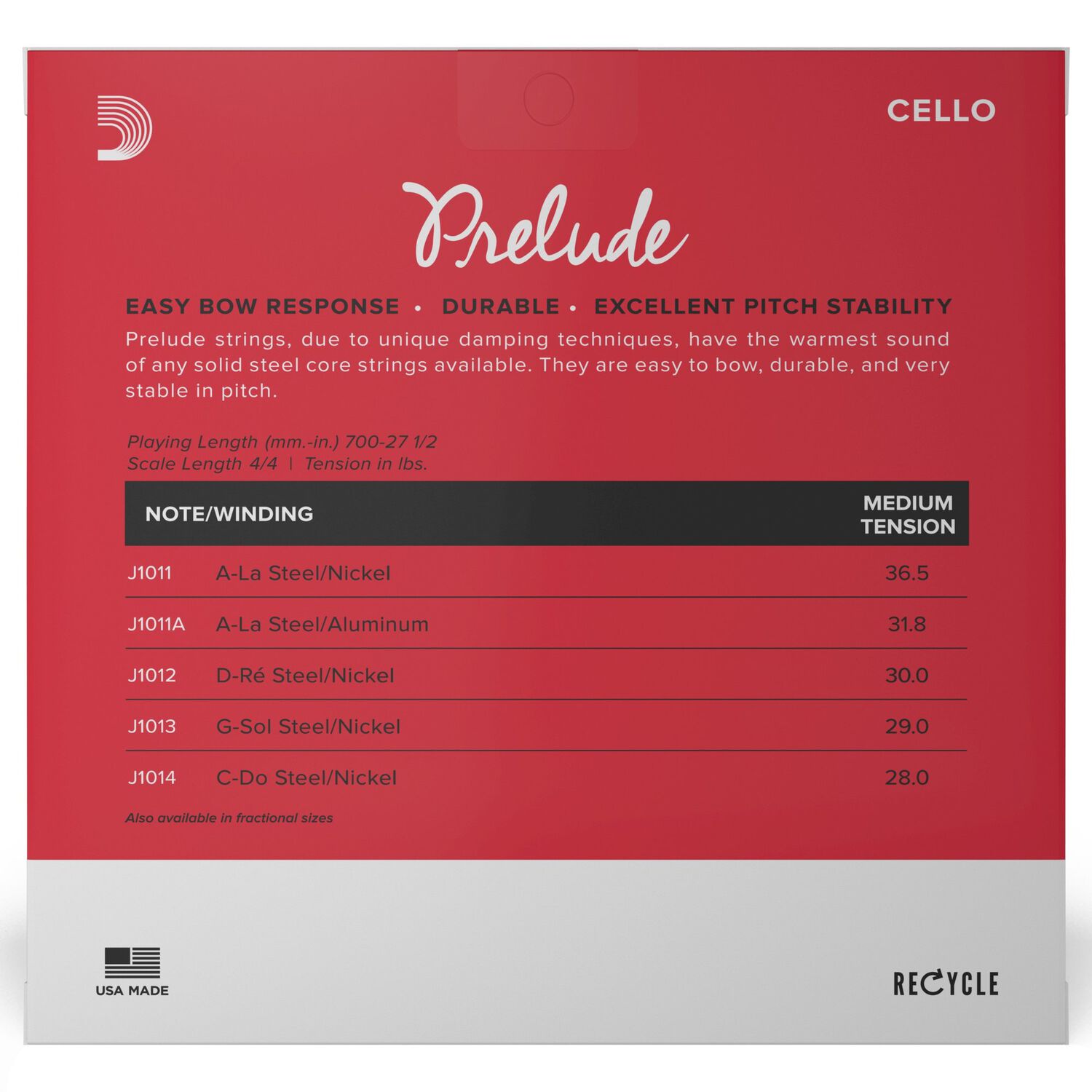 Set Cuerdas Cello Prelude 4/4 Med J1010 4/4m Daddario image number 2.0