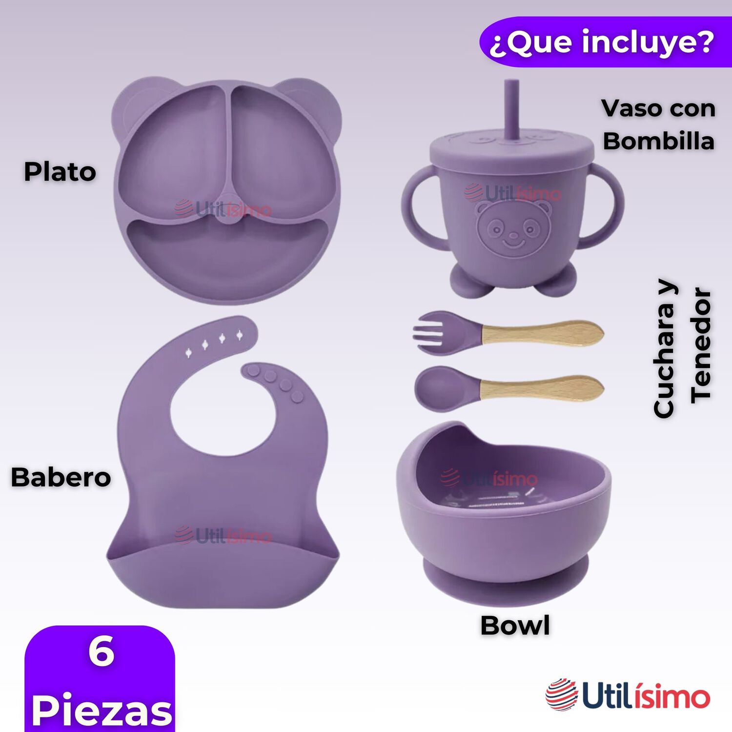 Set De Alimentaci&oacute;n Beb&eacute; Silicona De Oso 6 Piezas Libre Bpa Color Lila image number 6.0