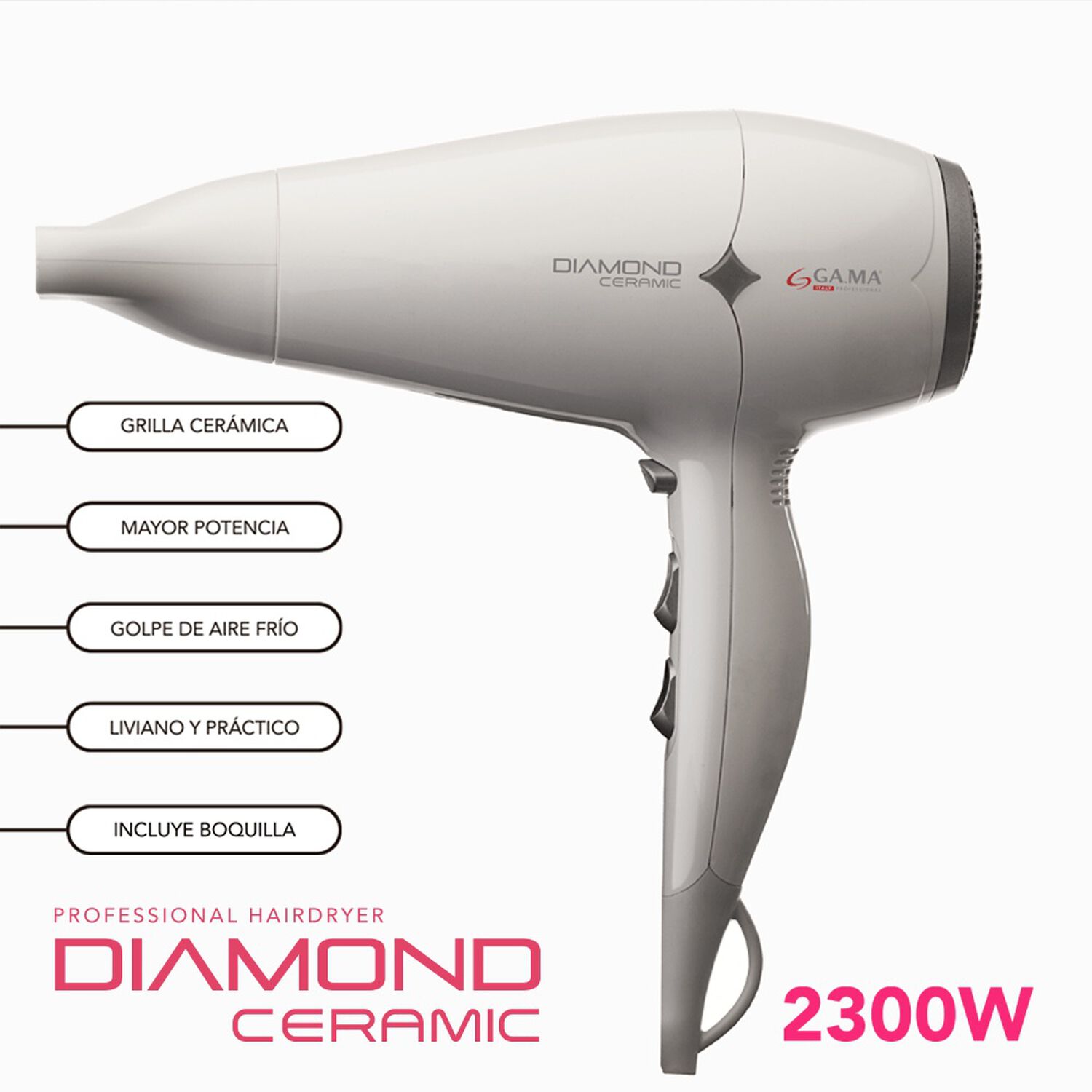 Secador Diamond Ceramic Antibacterial Pelo Cer&aacute;mica 2300w Blanco Gama image number 2.0