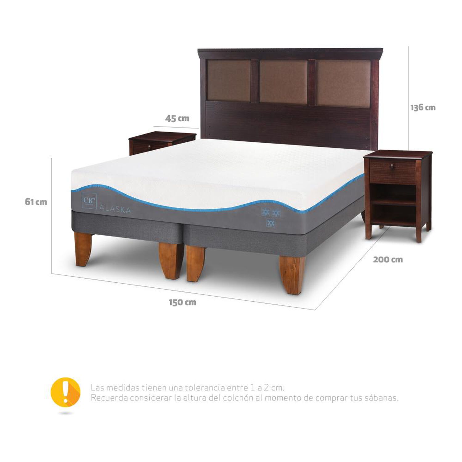 Cama Europea Cic Alaska / 2 Plazas / Base Normal + Set De Maderas image number 2.0